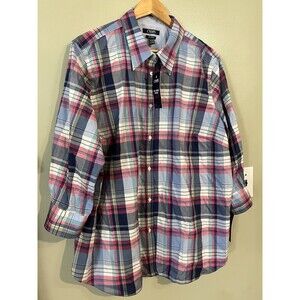 Womens Plus Plaid 100% Cotton No Iron Shirt By Chaps 2X NWT